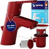 SANTRAS® Waschtischarmatur für das Bad mit Exzenter Ablaufgarnitur und Zugstange in Rot – Einhebel-Mischarmatur warm kalt für ein Loch Waschbecken Wasserhahn MADE IN GERMANY