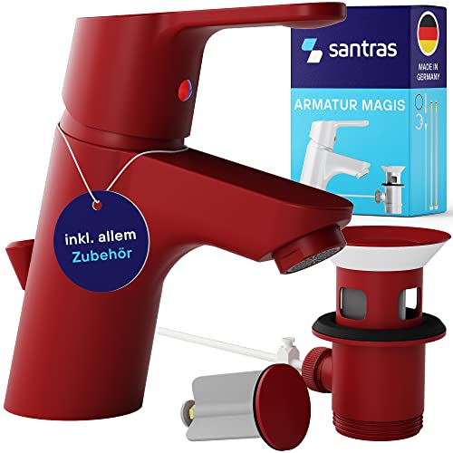 SANTRAS® Waschtischarmatur für das Bad mit Exzenter Ablaufgarnitur und Zugstange in Rot - Einhebel-Mischarmatur warm kalt für ein Loch Waschbecken Wasserhahn MADE IN GERMANY Cover