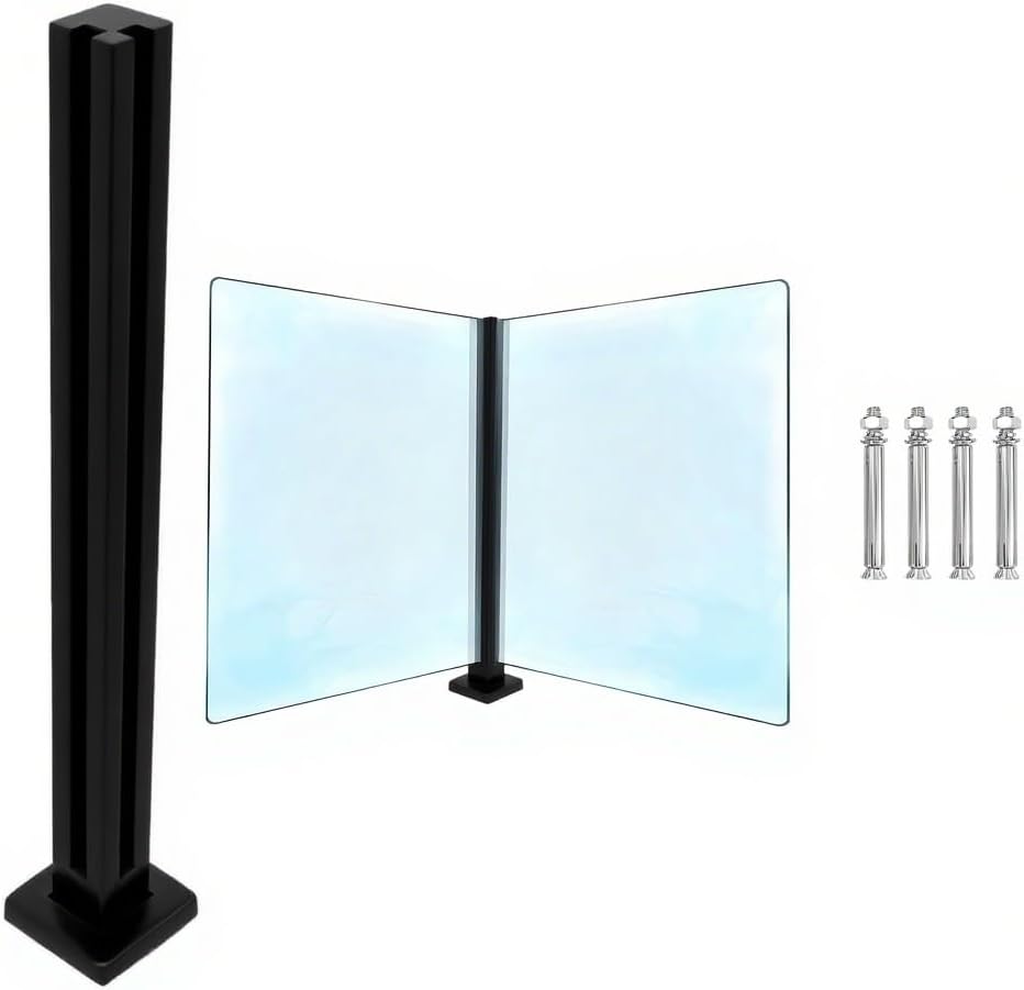 10-12mm Frameless Glass Railing Post & Support Brackets for Balcony & Stairs, Black Glass Balustrade Column with Accessories, H 60CM, Durable & Stylish