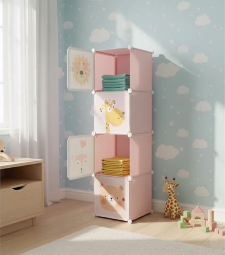 Image of KRISHYAM Kids Modular Storage Cabinet with Cartoon Animal Doors, 4 Cube Plastic Wardrobe Organizer, DIY Closet System with Hanging Rod, Toy & Clothes Storage (Pink, 4 Box)