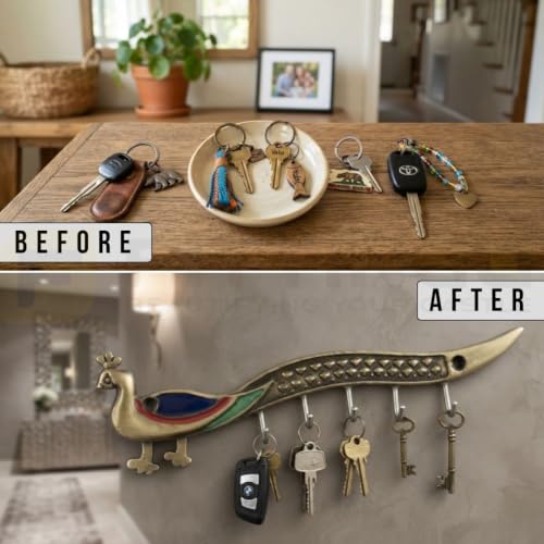 Image of Peacock Zinc Metal Wall Mounted Key Holder with Hooks for Home, Kitchen & Entryway, Durable Heavy Duty Decorative Key Rack Organizer for Keys, Vintage Style - Antique Finish