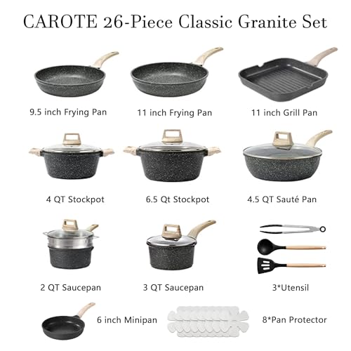 Image of CAROTE 26Pcs Pots and Pans Set, Nonstick Cookware Sets, Granite Induction Cookware Non Stick Cooking Set w /Frying Pans & Saucepans(PFOS, PFOA Free)