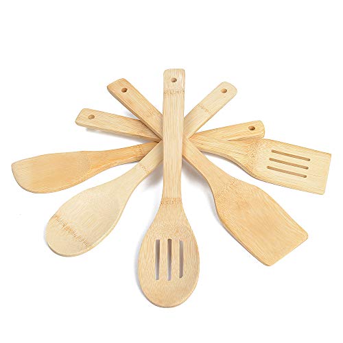 5 utensili da cucina, in legno di bambù, con spatola, cucchiai e spatola forata