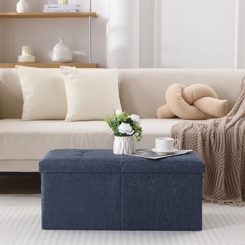Image of Storage Ottoman Bench Foldable Footrest Foot Stool, 30 inch Fabric Navy | Small Ottoman Foot Rest Seat Shoe Bench Flip-Top forliving Room End of Bed Bedroom Couch Dorm, 80L Folding Upholstered Chair