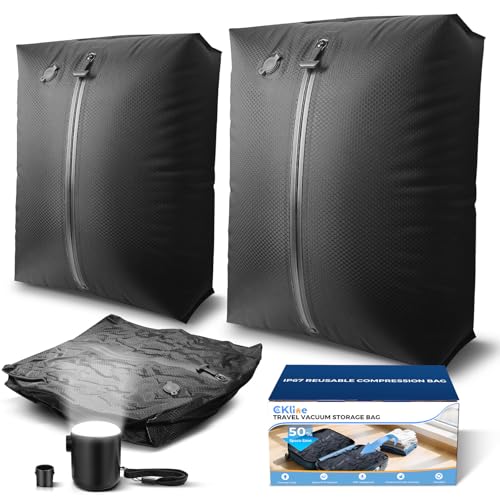 Travel Vacuum Bags with Pump, IP67 Reusable Vacuum Compression Bags for Travel, Backpack & Suitcases,Home Storage, Vacuum Seal Packing Cubes for Clothing (2PC-PUMP)