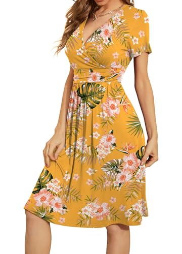 WEACZZY Modest Dresses for Women Midi Summer Dress for Womens Short Sleeve Dresses 2025,Floral Green Leaf Yellow,L