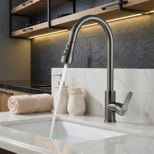 Image of ARQUIN Pull Down Kitchen Faucet 304 SS Kitchen Sink Tap Faucet- Hot and Cold with 360 Swivel Mechanical Docking Deck Mounted Waterfall Kitchen Faucet Dual Spray Modes,Black