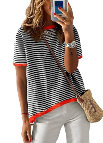 Image of Womens Short Sleeve Striped Color Block Crew Neck Sweater Shirt Lightweight Cotton Casual Summer Pullover Tops
