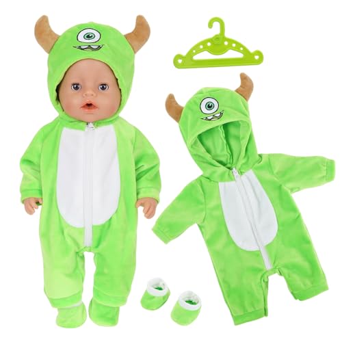 Ropa de muñecas para muñecas de 14 a 18 pulgadas, ropa de muñeca de personaje de película clásica de 43 cm incluye 1 mono verde, 1 zapatos, 1 percha para muñecas de 35-45 cm, accesorios para niños