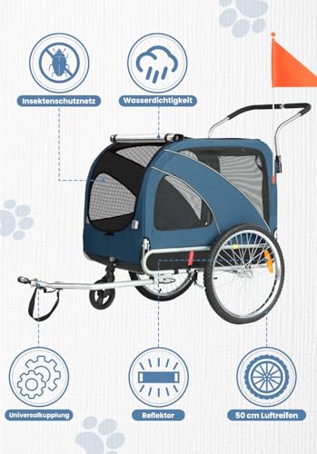 Hunde Fahrradanhänger XL, 2 in 1 Hundeanhänger & Jogger mit Reflektor und Bremse, 600D Oxford Canvas, maximale Belastung 40kg-Blau