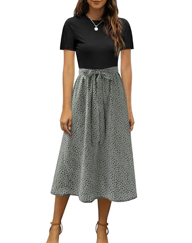 Zattcas Women 2026 Summer Dress Short Sleeve Ribbed Teacher Church Modest Business Casual Work Outfits Midi Dress with Pockets Blacksagegreen M