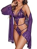 Avidlove Lingerie Sets for Women Sexy Mesh Robe with Floral Lace Teddy Bodysuit 2 Piece Robe Set Babydoll...