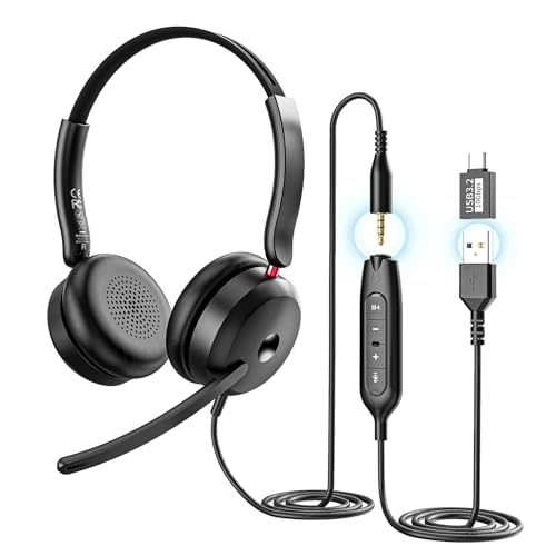 USB-C/USB-A/3.5mm Wired Headset with Noise Cancelling Microphone | On-Ear Office Headphones for PC/Laptop | Line control & All-Day Comfort for Call Center, Video Conferencing, Remote Work,Online Class