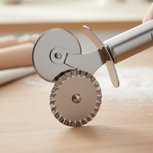 Image of Professional Double Wheel Pastry Cutter - Stainless Steel Pasta & Ravioli Cutter Wheel with Fluted and Straight Blades - Multi-Purpose Dough Crimper and Pizza Slicer for Baking and Home Cooking