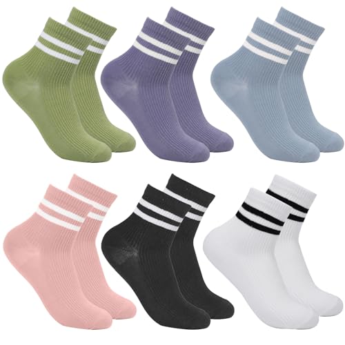 Risipu 6 paia di calzini da tennis da donna, a righe, in cotone, ideali per tennis, corsa e fitness (taglia 35-38, 39-42)