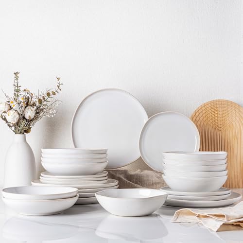 GBhome Steingut Geschirrset 6 Personen, 24-tlg Reaktive Glasur Handarbeit Geschirr Set, Mikrowellen- & Spülmaschinenfest Schüssel- und Teller Set, Beige