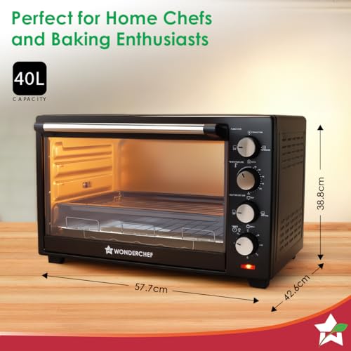 Image of Wonderchef Oven Toaster Griller (OTG) - 40 litres, Black - with Rotisserie,Auto-Shut Off, Heat-Resistant Tempered Glass, Multi-Stage Heat Selection | | Bake, Grill, Roast | Easy clean