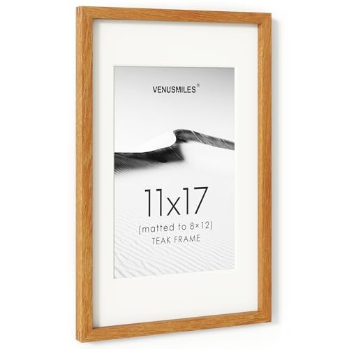 Image of 11x17 Picture Frame, USA-Sourced Natural Teak Wood Photo Collage Frame with HD Tempered Glass, Modern Simple 11x17 Wooden Frame Matted to 8 x 12, Vertical & Horizontal Wall Hanging Display