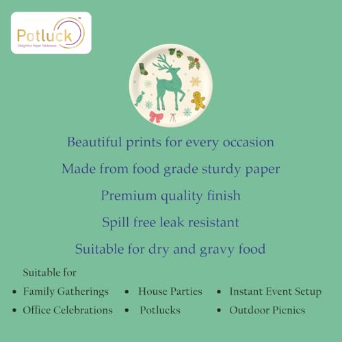 Image of Potluck Festive Celebrations Disposable Paper Plates | Pack of 10 | 9 Inch Food Grade Plates for Parties, Events, Snacks, Christmas, Birthday, Animal Theme Party, Kids Party & Meal Serving Pack