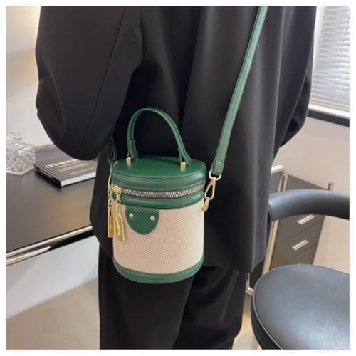 Image of Retro Bucket Bag Color Contrast Cylinder Purse | Senior Sense Style, Single Shoulder Crossbody, Zipper Closure, 4.7x6