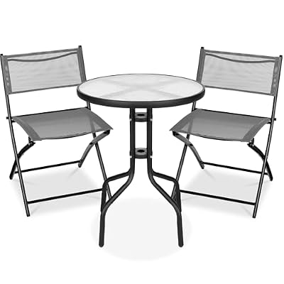 Best Choice Products 3-Piece Patio Bistro Dining Furniture Set w/Glass Tabletop, 2 Folding Chairs, Steel Frame, Polyester Fabric - Gray