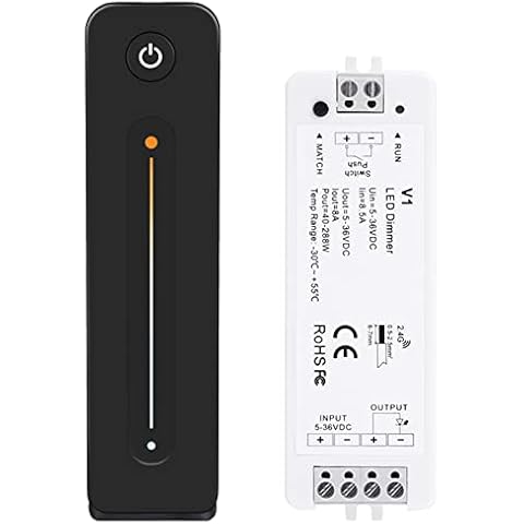Hacbop LED Dimmer 12V 5V 24V 36V 8A PWM RF Switch with 2.4G Brightness Adjustment Contact Remote for Led Single Color Strip, White & Black Cover
