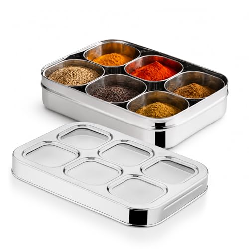 Image of Essential Plus Stainless Steel Multi Use Box, 24.5cm (150ml), See Through Lid, 6 in 1 Masala Dabba / Spice Box for Kitchen, Rectangular Spice Organizer / Masala Dani with 6 Containers, Easy to Clean