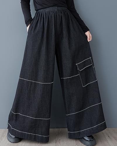 ellazhu Women's Pants Wide Leg Elastic Leg Two Side Pockets Flowy Straight Hem Strings Oversize Loose Casual GZ3864