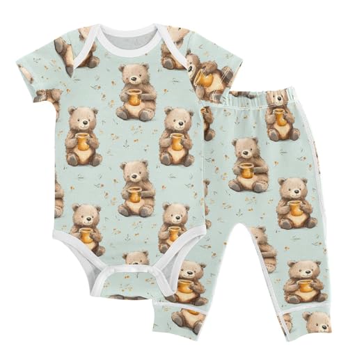 vvfelixl Brown Bear Honey Baby Layette Sets,Baby Bodysuits Set Unisex Short Sleeve Babys Pants Sets 9-12M