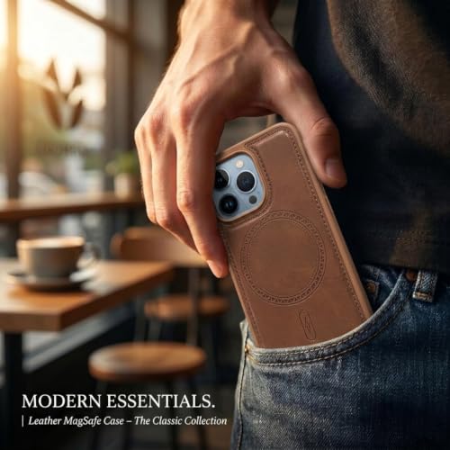 Image of amazon basics Premium PU Leather Case for iPhone 13 Pro, MagSafe Compatible Magnetic Ring, Sleek Protective Back Cover - [Brown]