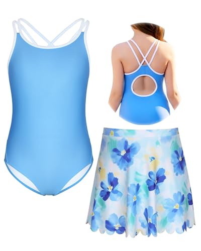 beautyin Girls One Piece Swimsuit with Skirt Bathing Suit Crisscross Back Swimwear Size 8-14