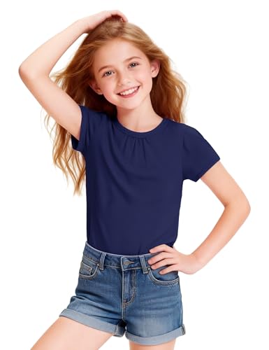 Image of Girls Short Sleeve Shirts Cotton Crew Neck T-Shirt Kids Plain Tees Tops Size 5-12 Years