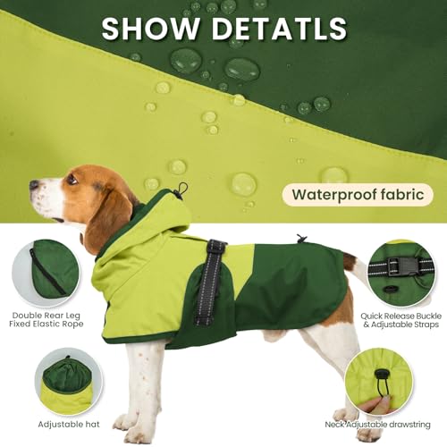 Image of BRKURLEG Dog Raincoat, Waterproof Rain Jacket with Hood, Green, XXL | Adjustable Windproof Rainproof Jacket with Leash Hole, Reflective Breathable Rain Coat Poncho, for Small to Large Dogs