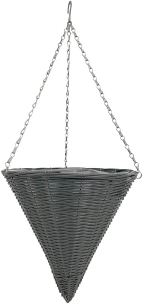 M&H New||Cone Hanging Basket, Grey, Polyratten, Woven Design with Metal Chain, Great choice for flowers, trailing plants, or herbs, 35cm wide and 38cm high, Give your plants a cool new home||