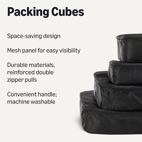 Image of Amazon Essentials 4-Piece Space-Saving Packing Cubes Travel Accessories Set, Luggage Organizer with Double Zipper, Mesh Top, Small /Medium /Large /Slim, Black (Previously Amazon Basics)