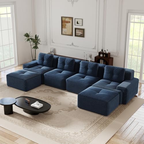 Image of 153 inch U-Shaped 4-Seater Modular Boneless Couch with 2 Ottomans, Premium Corduroy Upholstery, Deep Seat Cloud sectional Sofa, No Assembly Anti-Slip Design, Blue