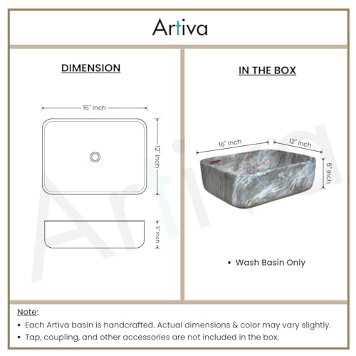 Image of Artiva Ceramic Wash Basin /Tabletop Washbasin For Bathroom,12 inchx16 inch /Small Countetop Bathroom Basin /Table Top Basin For Home,Office,Hotel /Rectangle Glossy Sink (Oligrey-Marble,12x16 Inch)