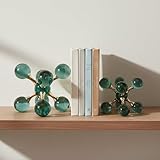 Set of 2 Decorative Bookends, Glass Jacks – Crystal Book Holder for Shelf Decor and Office – Glam Design for Book Accessories, Modern Home Decor, Books Lovers Gifts for Office – 7" & 5", Green