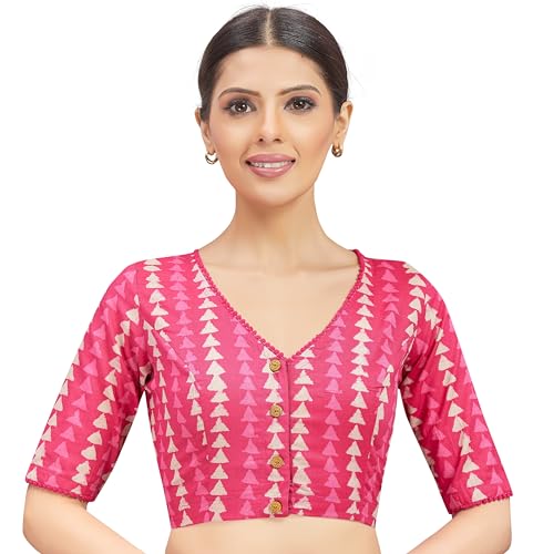 Image of Studio Shringaar Women's Cotton Block Printed Elbow Length Sleeves Saree Blouse.