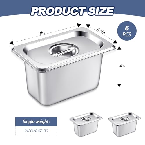 Image of Mifoci 6 Pack Stainless Steam Hotel Pan with Lid, 1 /9 Size x 4 Inch Deep Steam Table Pan Restaurant Supplies Reusable Anti Rust Catering Storage for Home, Party, Restaurant, Hotel, Buffet
