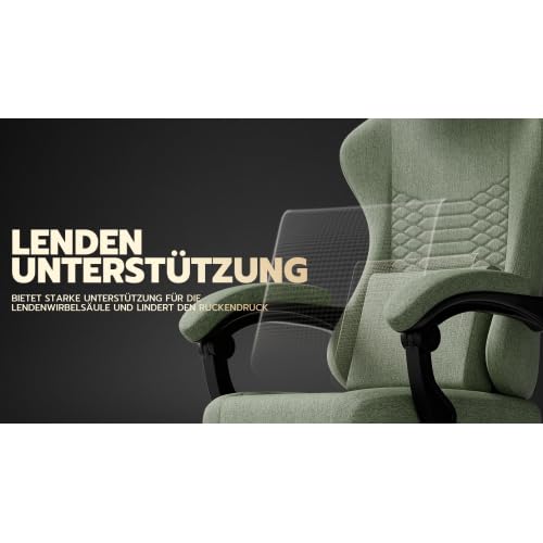 Gaming Stuhl Bürostuhl Stoff mit Fußstütze, 135° verstellbare Rückenlehne, Lordosenstütze & gepolsterte Armlehnen, ergonomischer Schreibtischstuhl für Home Office & Spielen(Grün)