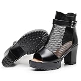 OEWHNGD Womens Open Toe Hollow Out Mesh Ankle Boots Sandals Summer Breathable Chunky Heel Ankle Boots With Zipper Classic Gladiator Casual Sandals (Black,9)