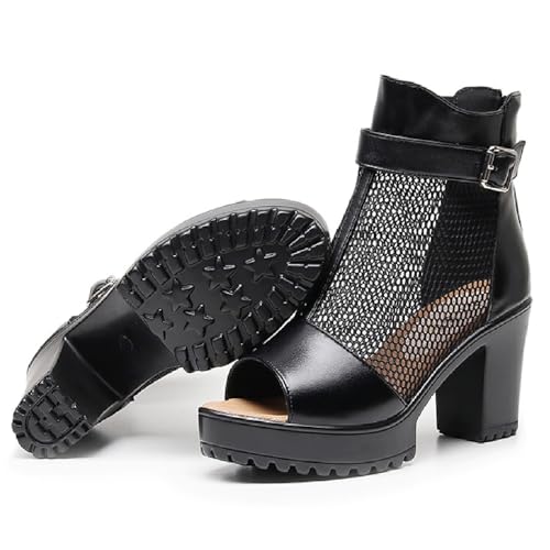 Womens Open Toe Hollow Out Mesh Ankle Boots Sandals Summer Breathable Chunky Heel Ankle Boots With Zipper Classic Gladiator Casual Sandals