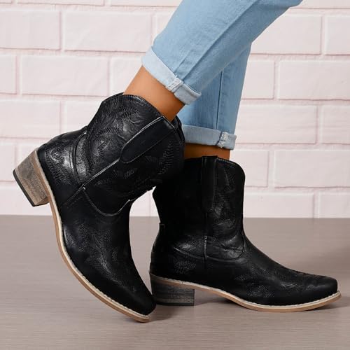 Cowboy-Boots-for-Women-Booties-Ankle-Cowgirl-Western-Boots-Stitched-Embroidered-Pointed-Toe-Short-Chunky-Classic-Brown-Red-Blue-US6-105