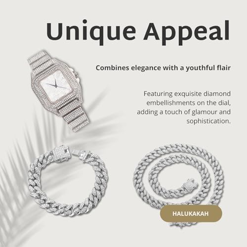 Image of Halukakah Diamonds Watch Iced Out for Boy Teens Kids - 18K Real Gold /Platinum Plated,Arabic Numerals Square Dial,Japanese Quartz - 7.3 inch Length - Optional with Cuban Link Chain - for Birthday,Parties