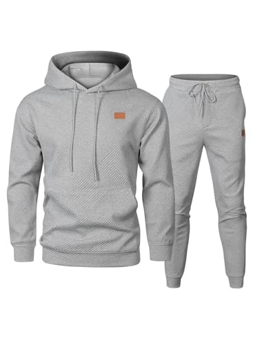 Elegancity Herren Jogginganzug Set Casual 2-Teiliger Trainingsanzug mit Kapuzenpullover und Herren Jogginghose Casual Sportanzug Pullover Hoodie Laufanzug mit Strukturmuster，Grau XXL
