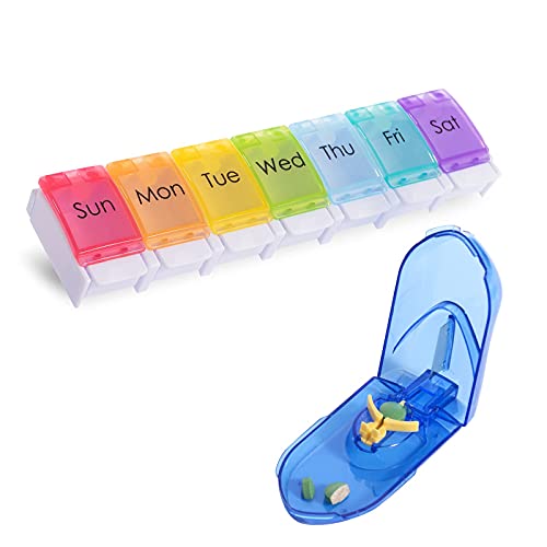YKL Pastillero Semanal, Pastilleros con Organizador de Pastillas de 7 Días con Tapa Hermética para Medicamentos, Suplementos y Vitaminas (con Cortador de Pastillas) Cover