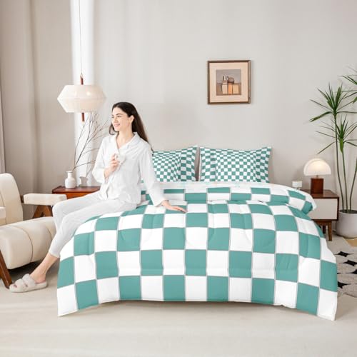 Image of Erosebridal Girls Teal Bedding Set King Turquoise Checkered Comforter Set with Sheets 7 Piece for Kids Teen Women,Geometric Grids Plaid Bed in A Bag Bedroom Decor,Gingham Bed Sets