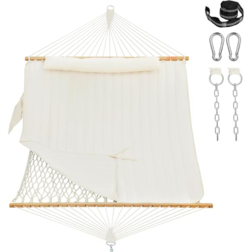 Lazy Daze Hammocks Rope Hammock with Pad Spreader Bar Carabiners Tree Straps Chains for Outside Patio- Max 450 Lbs Cream