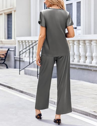 Image of Ekouaer Women's Satin Silky Pajama Set 2 Piece Short Sleeve Shirt with Long Pants Pjs Sets Soft PJ Loungewear S-XXL